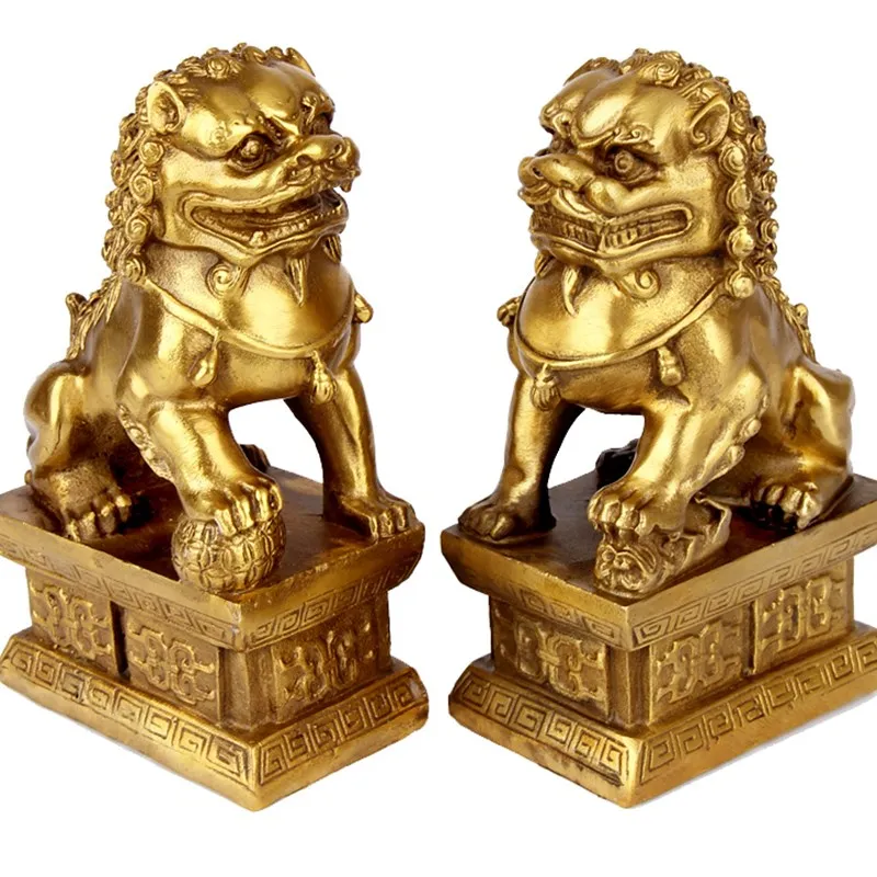 Китайская медная статуя Foo Собаки Львы Пара Женский лев на талисман зла