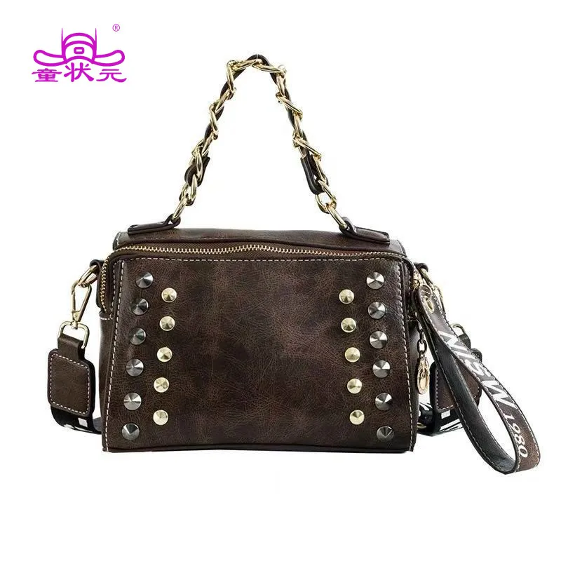 Rivet Small Handbag Woman Satchel Boston Wide Strap Shoulder Bag Luxury