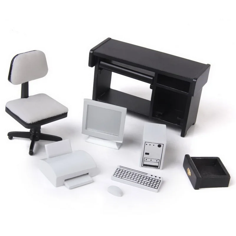 1 12 Dollhouse Miniature Furniture Computer Desk Chair Printer Set