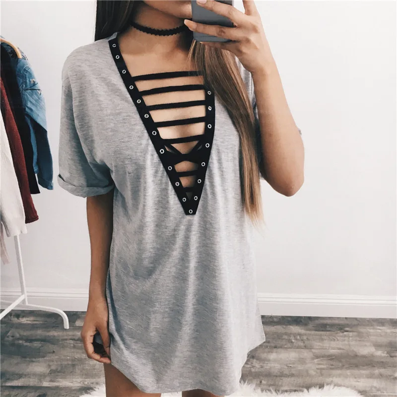 DuolaFine Black Deep V Neck Lace Up T shirt Sexy Low Cut Short Sleeve