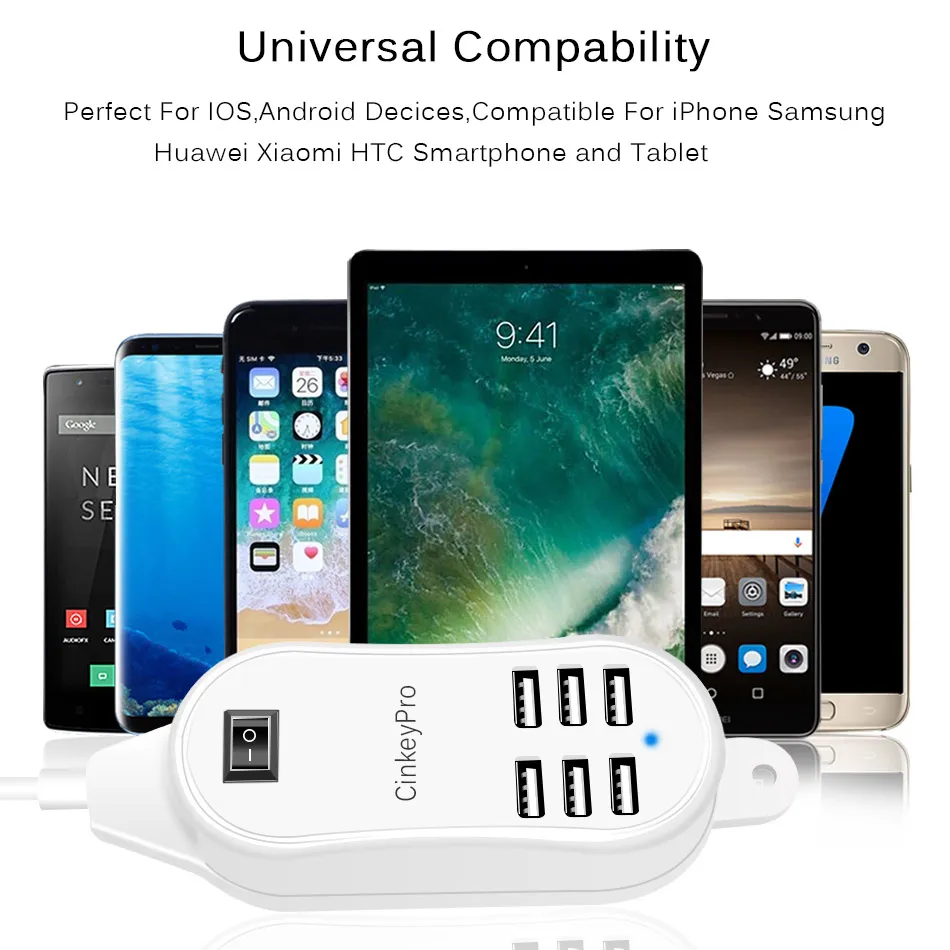 CinkeyPro 6-Ports Desktop USB Charger Wall Adapter 1.5M Cable Mobile Phone Device 5V 2A Charging For iPhone Samsung Universal 5