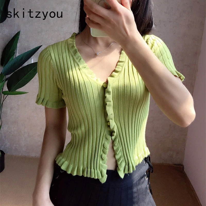 

skitzyou Summer Knit Top T shirts Short Sleeve Sexy V Neck Slim Elastic Front Buttons Crop Tops Red Black Vintage Croppeds Tops