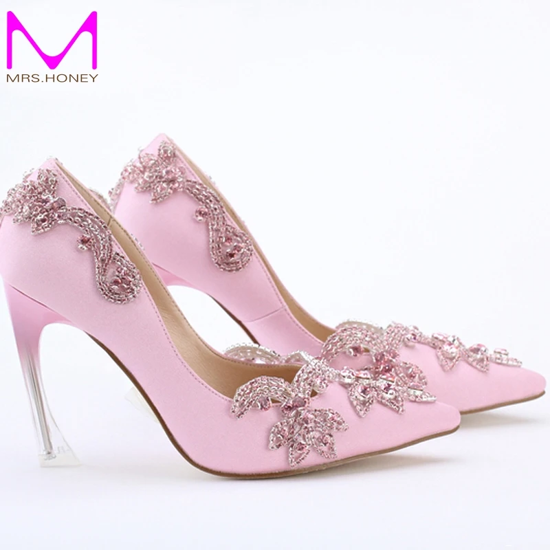 Crystal Clear Heel Envening Party Prom High Heel Shoes 9cm Pointed Toe Wedding Bridal Shoes Size 34-42 Plus Size Pink Satin Pump