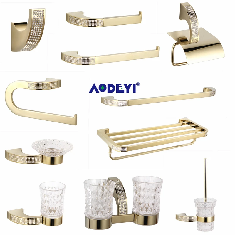 Billige Tschechische Kristall Bad Hardware Set Robe Haken Handtuch Schiene Rack Bar Regal Zahnbürste Halter Bad Zubehör Gold Chrom