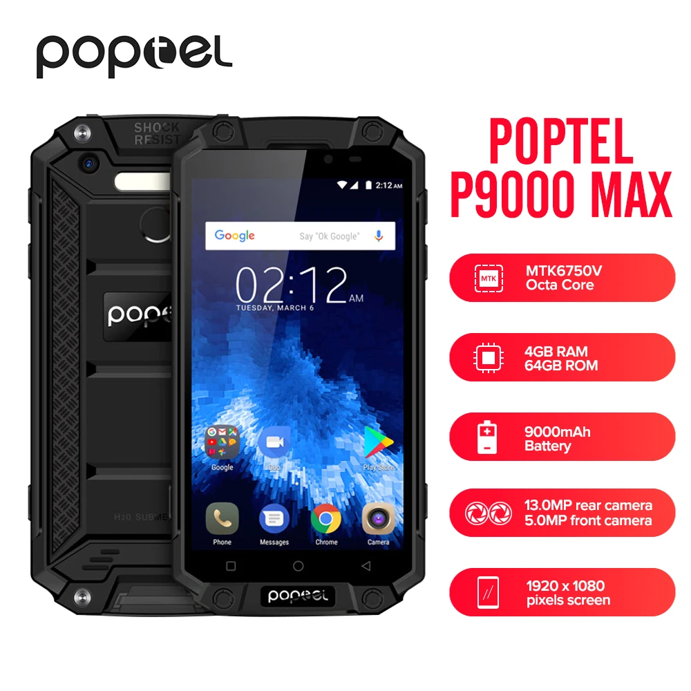 Poptel P9000 MAX 4G смартфон IP68 MTK6750V Восьмиядерный 4 Гб 64 водонепроницаемый ударопрочный