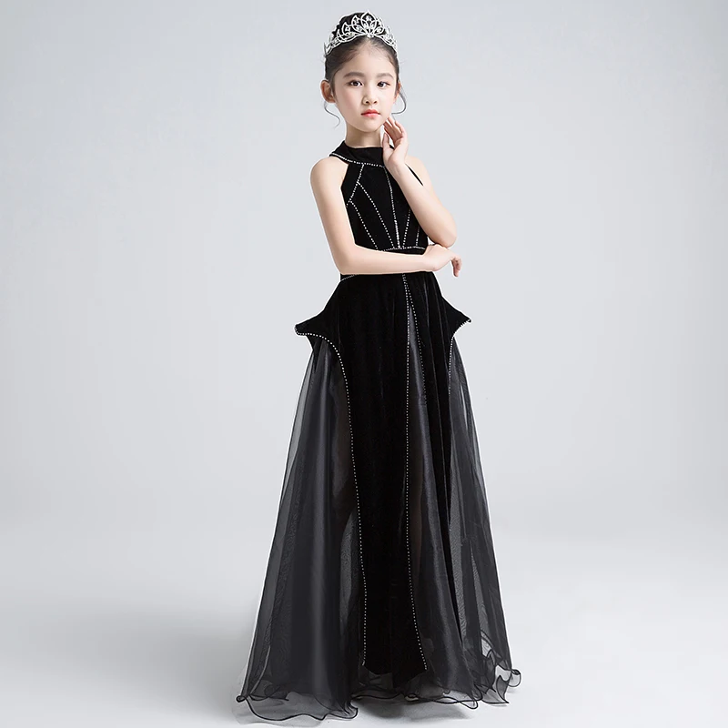 Новинка года; элегантное черное платье трапециевидной формы с цветочным узором для девочек Пышное Платье для первого причастия для девочек, расшитое бисером и молнией сзади платье для выпускного вечера