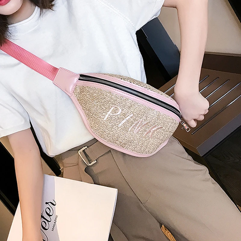 

Retro Straw Embroidered Waist Bags Women Fashion Beach Waist Pack Lady Letter Chest Bags For Teen Girls Simple Belt Bag 2019 New