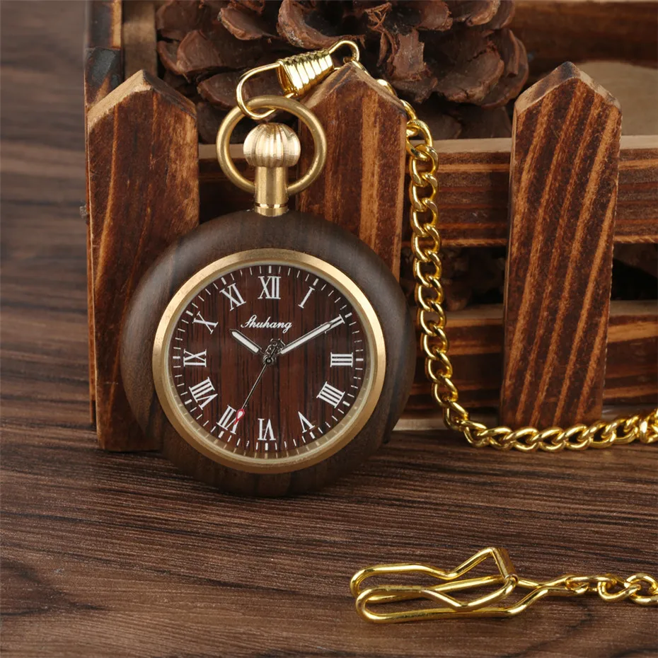 Классические римские цифры дисплей деревянные часы для мужчин и женщин кварцевый кармашек для часов Часы с открытым лицом Золотой
