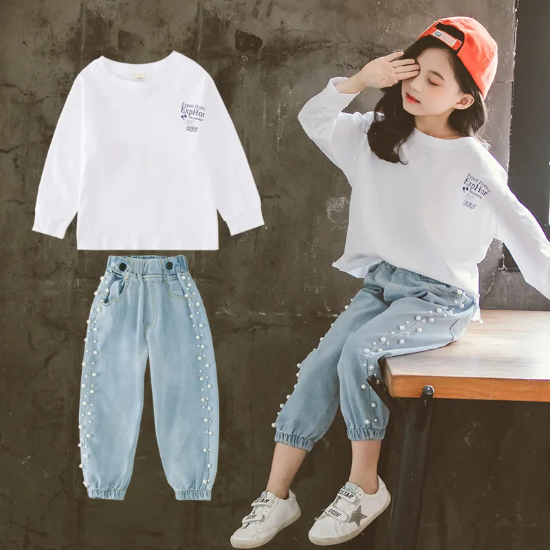 

2019 Autumn New Children's Clothes Suit For Girls Letter T-shirt Pearl Jeans Two-piece Suit Korean Girl Foreign Gas Suit