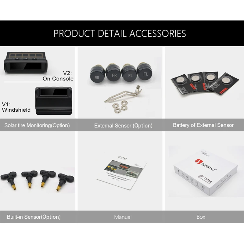 Junsun Car TPMS Tire Pressure Monitoring System Solar Charging VA HD Digital LCD Display Auto Alarm System Wireless With Sensor
