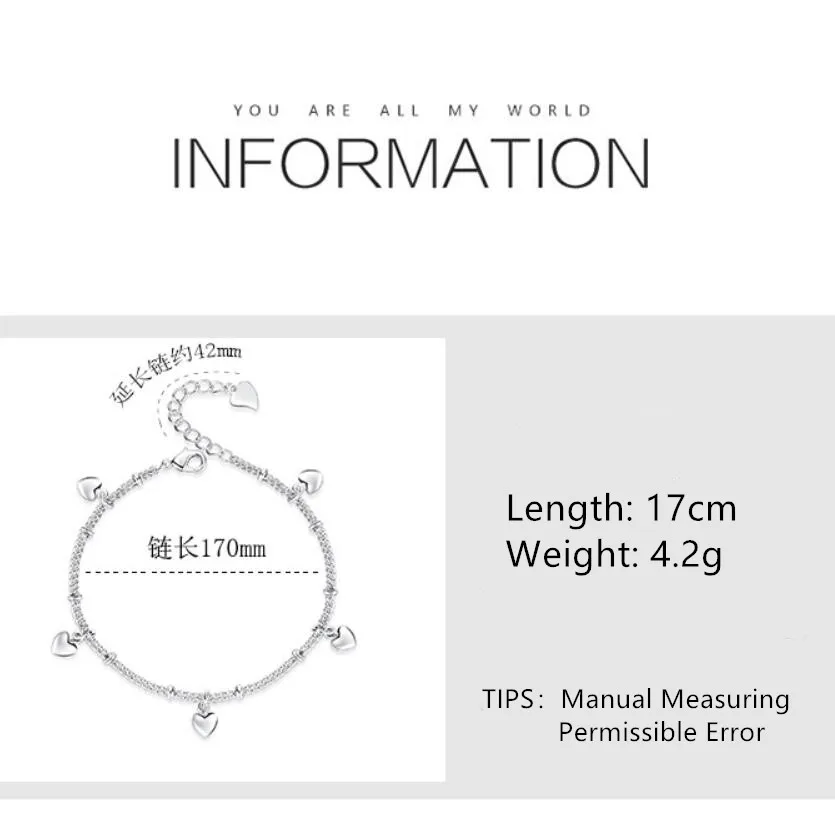 Новые простые модные браслеты с сердечками для женщин, 925 пробы, серебряные свадебные ювелирные изделия, подарки, pulseira SAB33