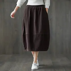 Повседневное японский Harajuku Хиппи Boho Винтаж Ретро вельвет хлопок эластичный пояс карман свободные для женщин демисезонный юбка