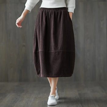 

Casual Japanese Harajuku Hippie Boho Vintage Retro Corduroy Cotton Elastic Waist Pocket Loose Women Spring Autumn Skirt.