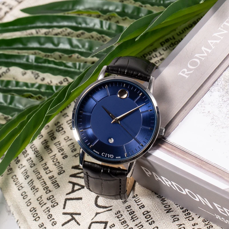 CIVO Simple Casual Mens Watches Waterproof Date Calendar Gents Genuine Leather Quartz Wrist Watches For Men Clock Reloj Hombre