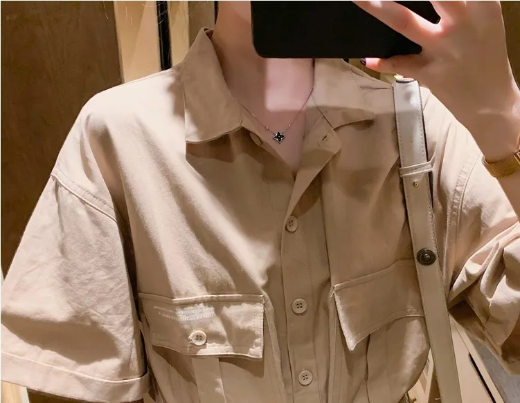 New Tooling Jumpsuit Summer Women Short Playsuits Loose Short Sleeve Single Breasted With Belt Rompers Womens YT50104