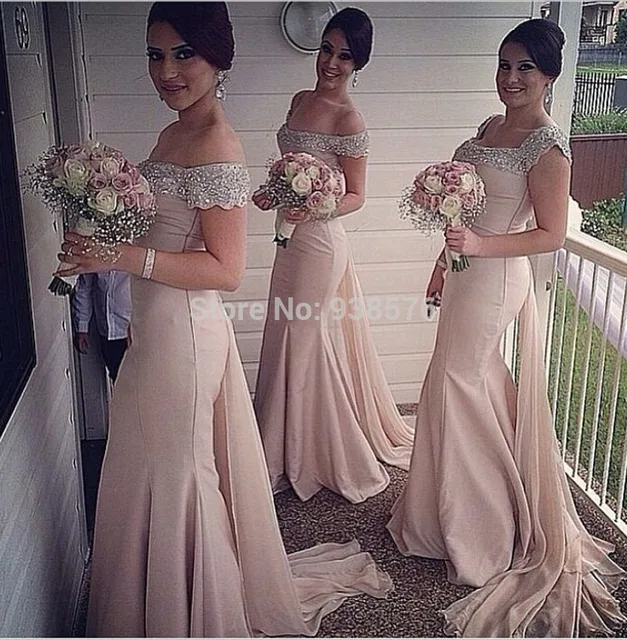 Custom Elegant Pink Mermaid Long Dess Bridesmaid Dresses With Custom Elegant Pink Mermaid Long Dess Bridesmaid Dresses With Sleeves Scoop Neck Court Beaded Wedding Party