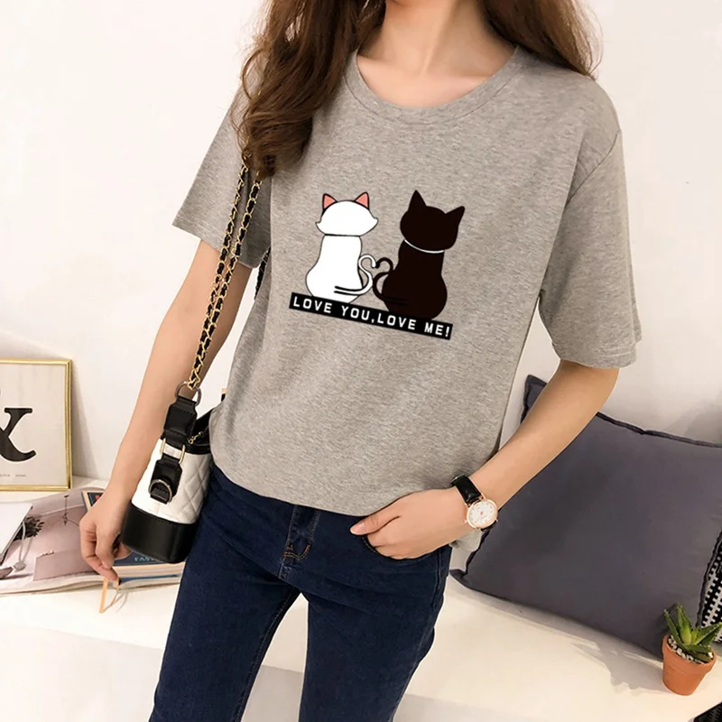 Liva/Повседневная женская летняя футболка для девочек футболки с принтом двух кошек женские хлопковые топы с короткими рукавами и круглым