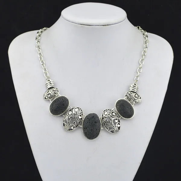

R71H Natural Black Lava Rock Volcano Stone Chock Necklace Pendant Women Gift Jewelry Women Dance Girl ,Vintage,Tibet Alloy,