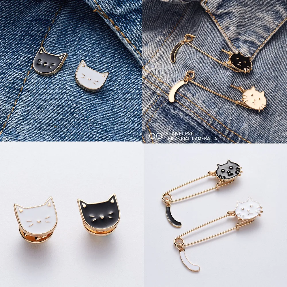 

High Quality Mini Cute Black and White Cat Animal Brooch Pin Gold Color Fashion Dress Decoration Enamel Badge Pin Button Jewelry