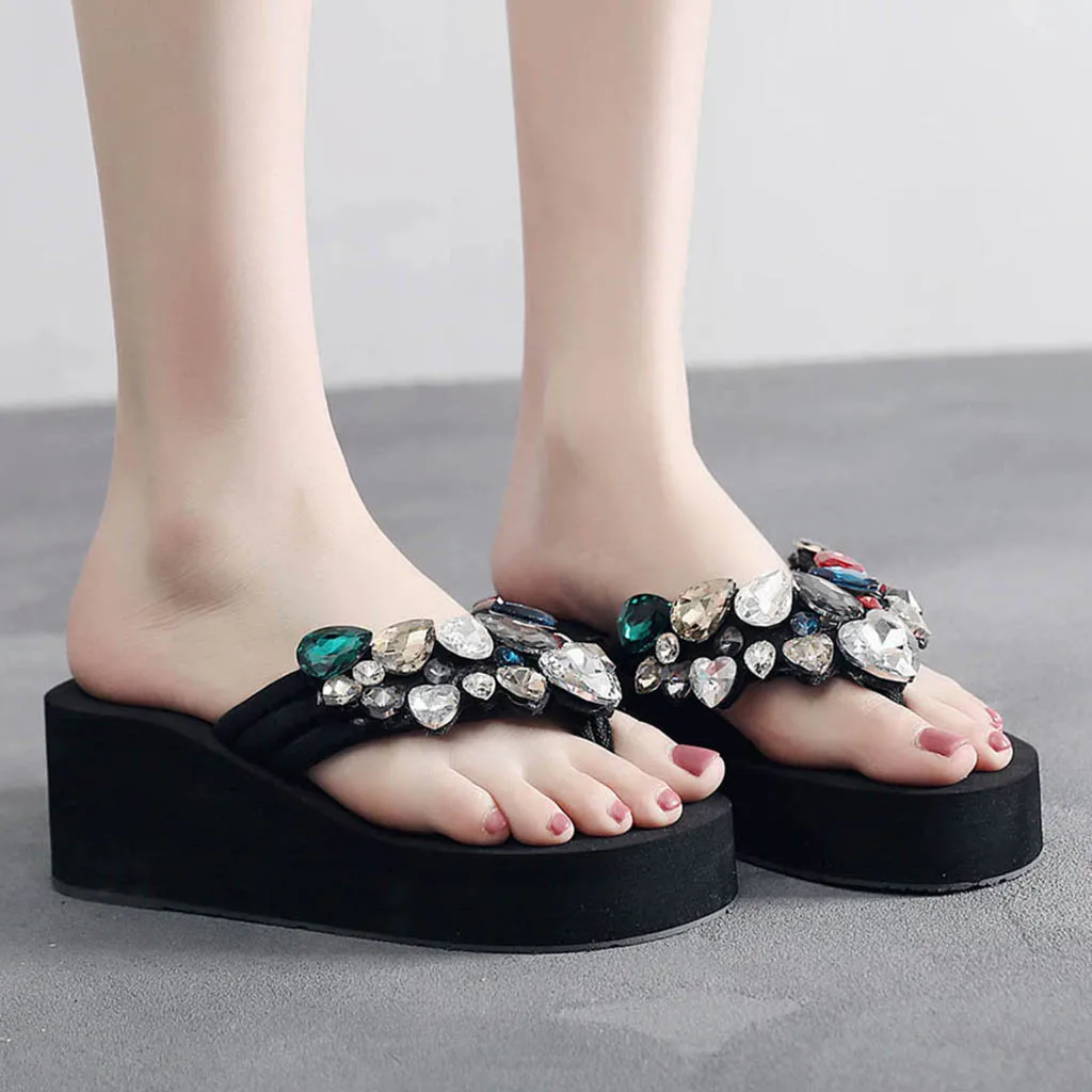 

Women Solid Wedges Crystal Flip Flops Fashion Comfortable Wedges Flip Flops Beach Shoes Ladies Sandals mujer verano planas ca