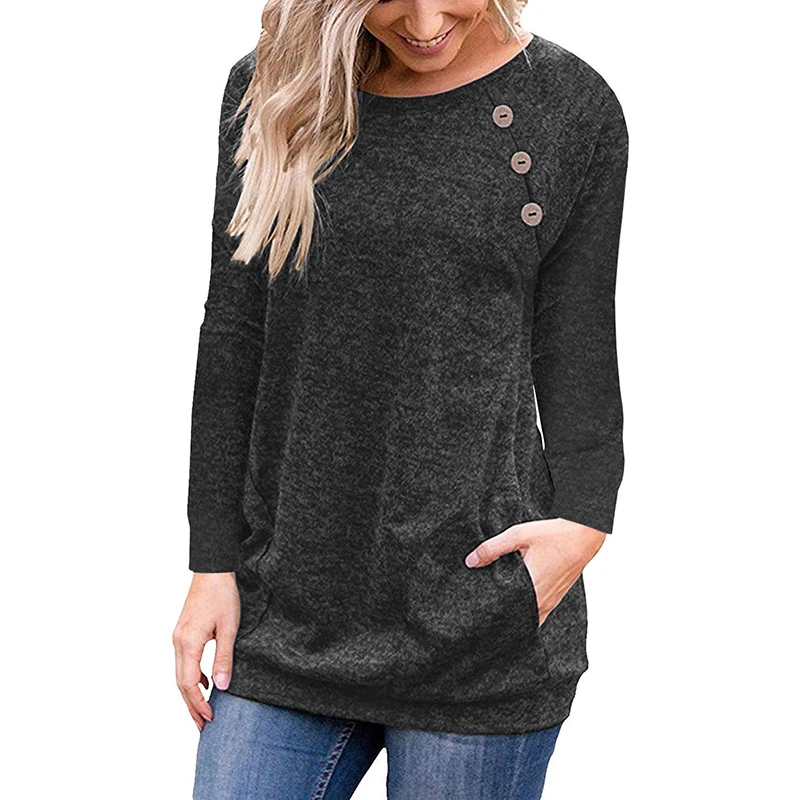 Women Autumn Casual O-Neck Buttons T-Shirts Long Sleeve Pocket Tee Shirts Female Plus Size 4 Colors T Shirt Tops