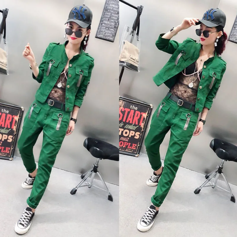 

Women Sexy Jeans Suit 2019 Spring Autumn BF Style Streetwear Overalls Fashion Frayed Tassel Denim Jacket+Pants Two-piece Female