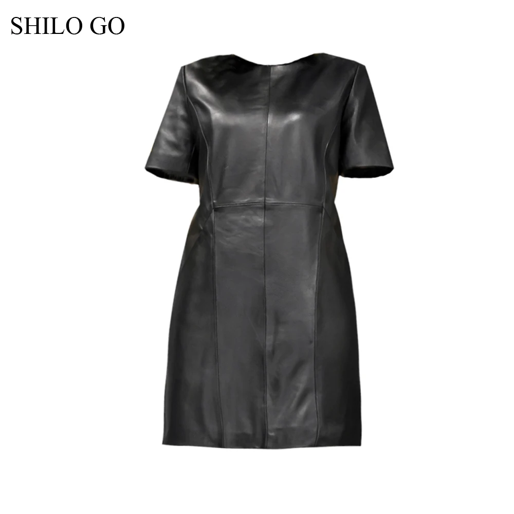 SHILO GO кожаное платье женская зимняя мода Овчина натуральная кожа платье с круглым вырезом короткий рукав офисное OL черное платье на молнии