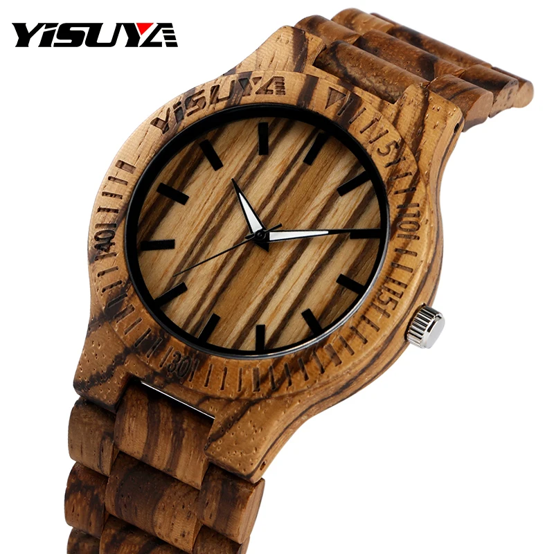 

Top Brand YISUYA Men's Wood Watch Hand-made Grain Dial Bamboo Wristwatches for Women Wooden Band