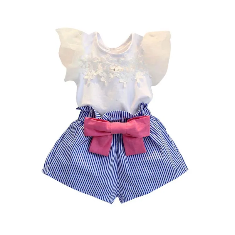 

2PCS/2-7Years Summer Style Korean Kids Clothes Suits T-shirt+Stripe Shorts Baby Girls Outfits Children Clothing Sets