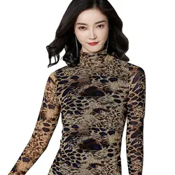 С леопардовым принтом Футболка водолазка с длинными рукавами Для женщин топы осень-зима пикантные сетчатые футболка Femme вечерние Клубные