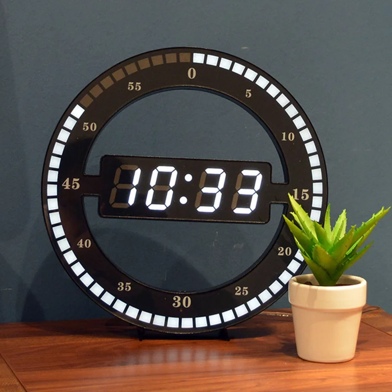 

Creative Mute Hanging Wall Clock Black Circle Automatically Adjust Digital Led Display Desktop Table Clock Large Wall Clock