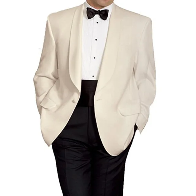 2018 Classic Style Men Suits Shawl Lapel Two Piece Wedding Groom Tuxedos One Button Ivory Jacket Black Pants | Мужская одежда