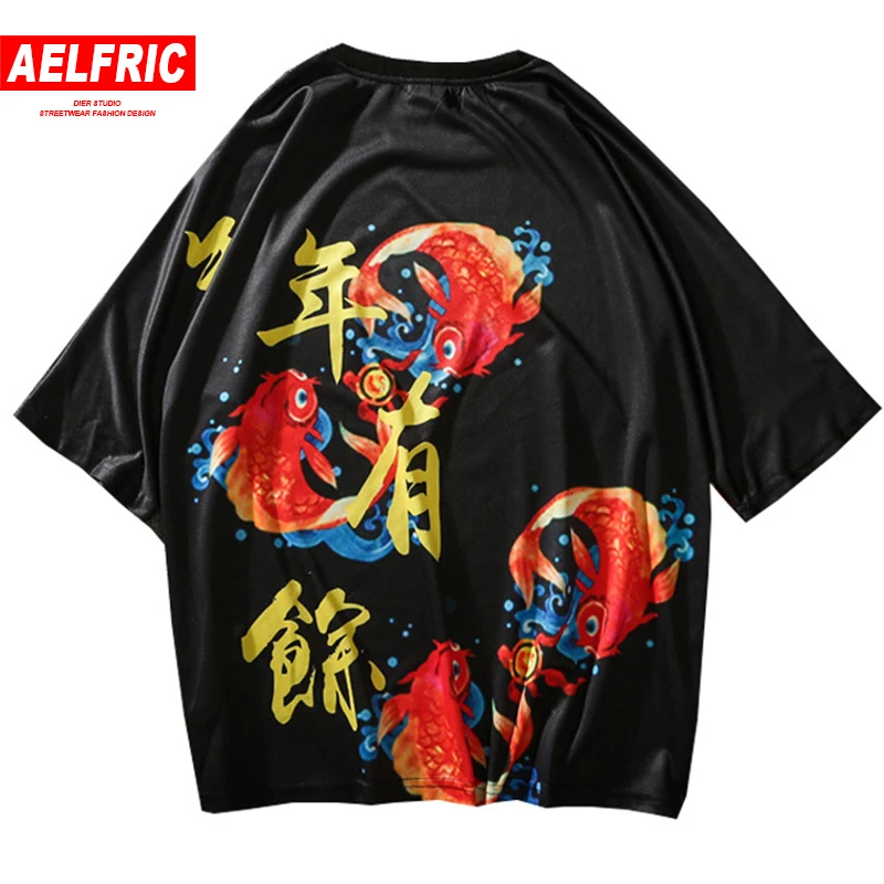 

AELFRIC Kanji Style Carp Print T Shirt Summer Fashion Funny Pattern Short Sleeve Men Hip Hop Streetwear Casual Tee T-shirts JQ05