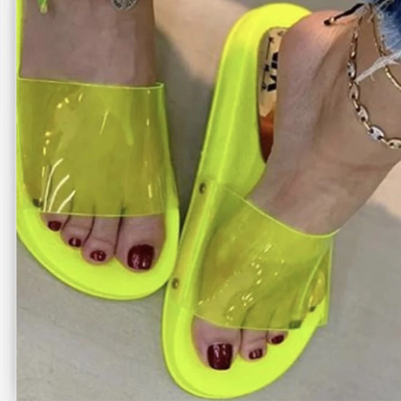 TINO KINO/женские прозрачные летние шлепанцы на плоской подошве; прозрачная обувь ярких цветов; шикарная пляжная обувь; женская обувь с открытым носком; женская обувь размера плюс - Цвет: yellow