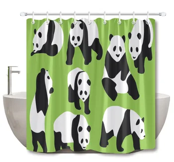 

LB 72'' Cute White And Black Panda Green Shower Curtain Funny Cartoon Waterproof Washable Bathroom Fabric For Kids Bathtub Decor