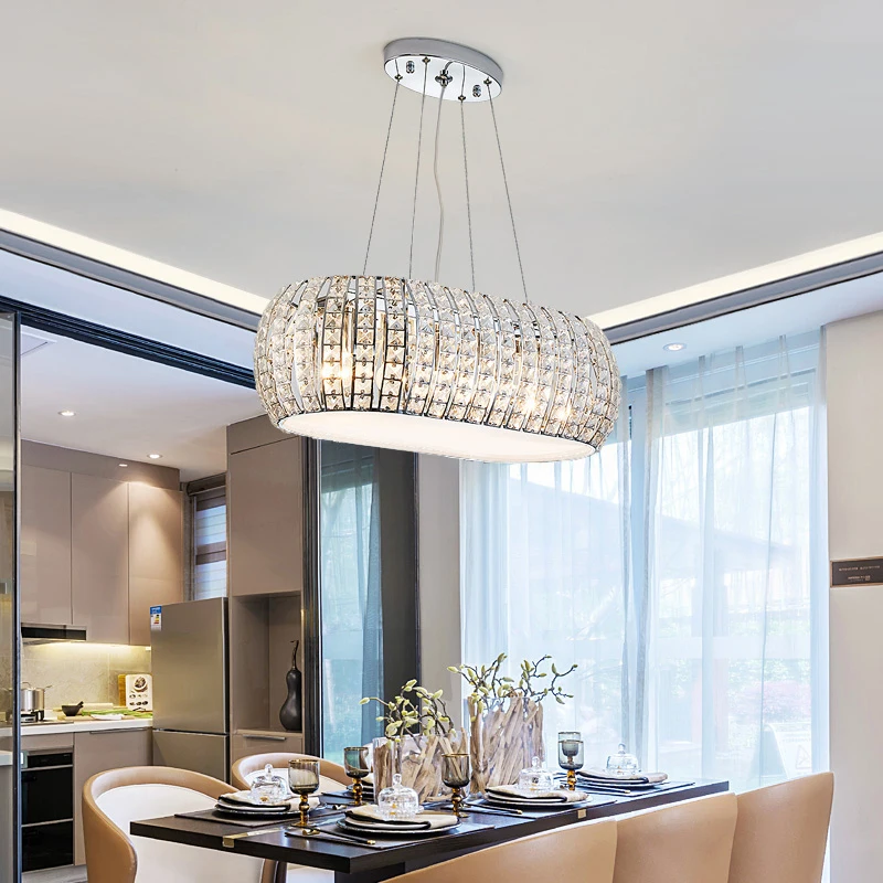 

Modern Lustre Crystal Led Chandeliers Lighting Dining Room Oval Chrome Metal Led Pendant Chandelier Lights Hanging Lamp Fixtures