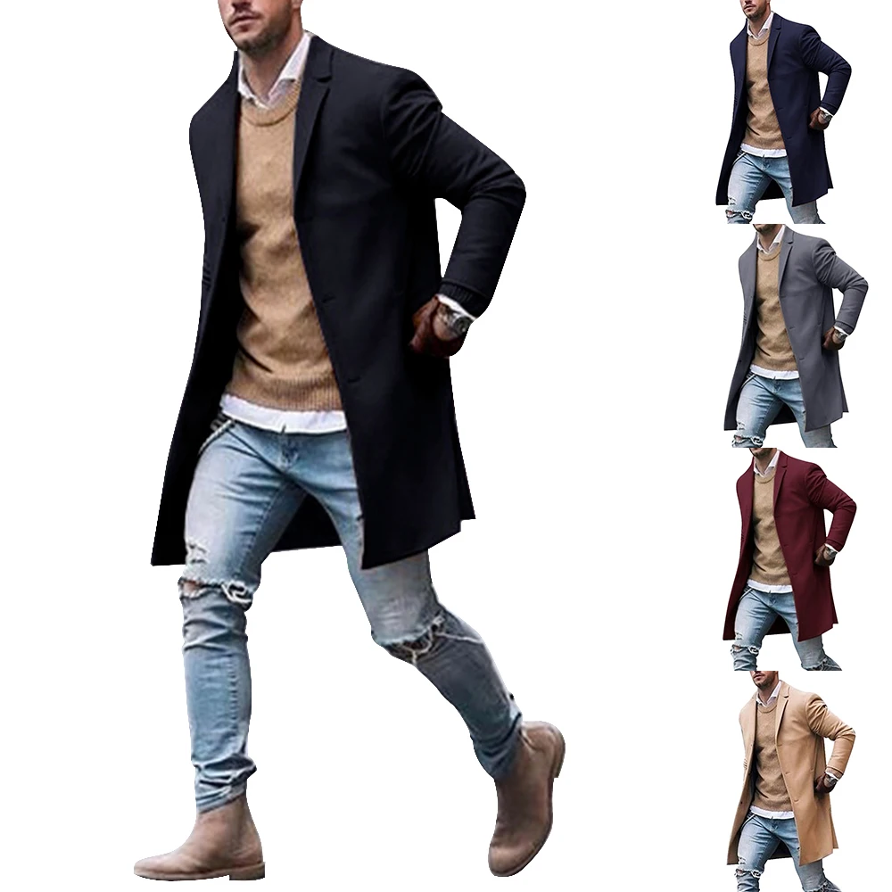 Solid Business Casual Woolen Trench Coats Male Medium Slim Collar Leisure Button Jackets Autumn Winter Fashion Tops Streetwear