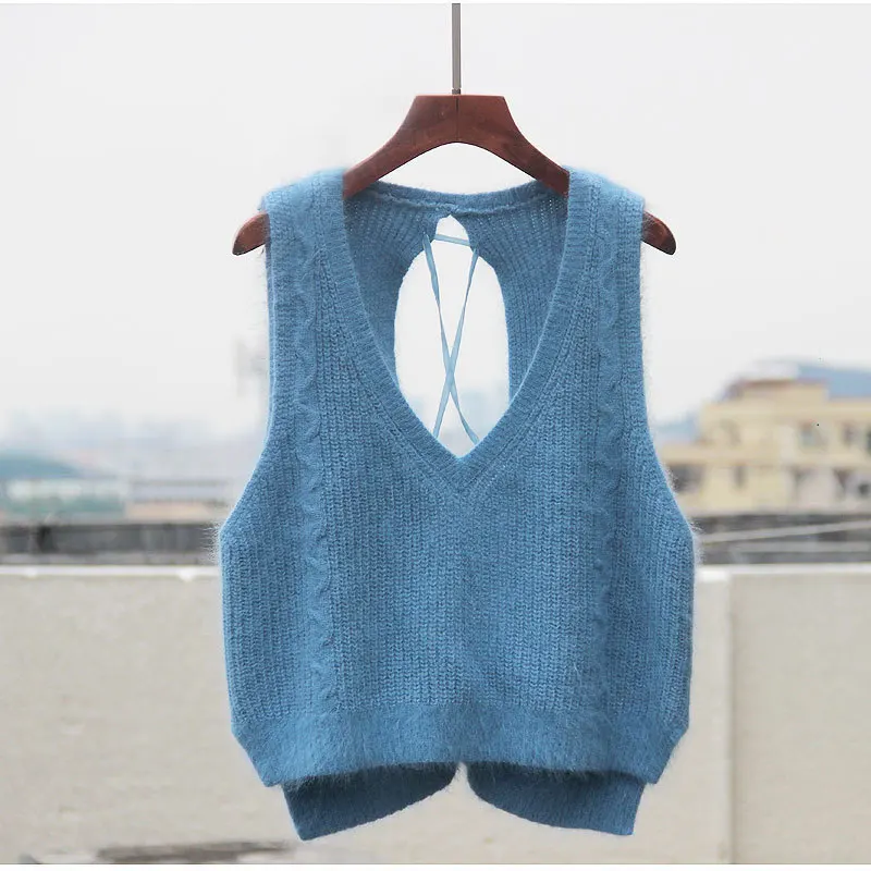 

New Arrival Spring Autumn Korean Version Loose Pullovers Knitted Vest for Ladys Sexy Backless None-sleeves Sweater Women's A175