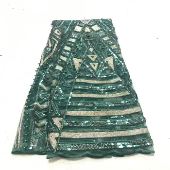 

3D Beads Lace Fabric green sequins High Quality Mesh Embroidery Applique 3D Flower Tulle Nigerian Lace Fabrics For Bridal