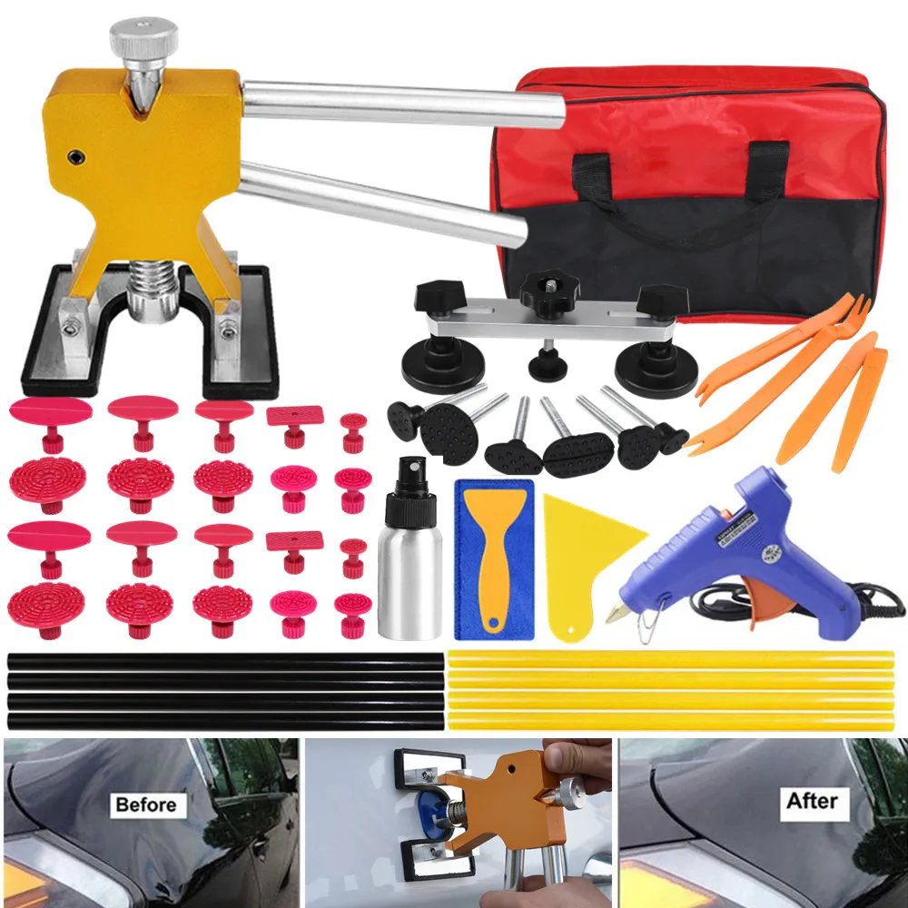 

Paintless Dent Repair Tool Dent Puller Kit Pops a Dent Car Dent Removal Kit Golden LifterBridge Puller Glue Gun for Automobile