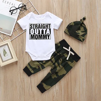 

3Pcs Newborn Toddler Baby Boys Cotton Bodysuit Jumpsuit Camouflage Pants Hat Causal Outfits Clothes 0-24M