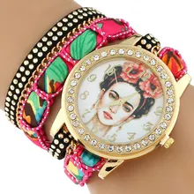 Gnova Platine TOP Large Sangle GRAND Cadran dentelle Ethnique mexicain Strass Frida roses couronne De Mode femme montre-bracelet bracelet montre