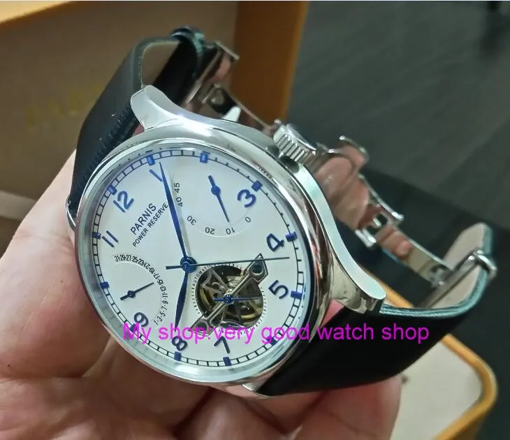 

43mm PARNIS power reserve Automatic Self-Wind Mechanical movement men's watch Blue strap with Butterfly buckle zdgd88DD