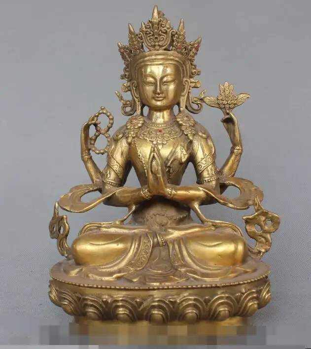 

S05727 12" Tibet Tibetan Buddhism Bronze 4-Arms Chenrezig Buddha Avalokiteshvara Statue