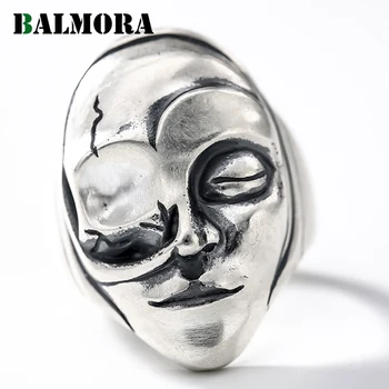 

BALMORA Real 990 Pure Silver Personalized Punk Mask Open Stacking Rings for Women Men Couple Gift Vintage Jewelry Anillos