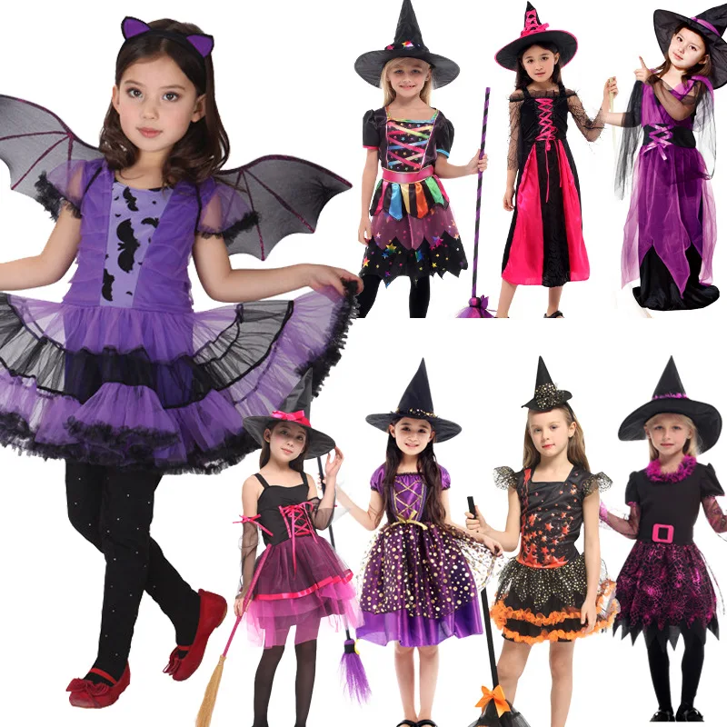 Witch Suit Cosplay For Girls 2018 New Halloween Party Children Costume Clothing Set Halloween Witch Dress Hat cloak Accessories