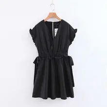 Новинка, женское модное Черное мини-платье с перекрестным v-образным вырезом и бантом, женские платья с рукавом-бабочкой и оборками, шикарные вечерние платья DS2044