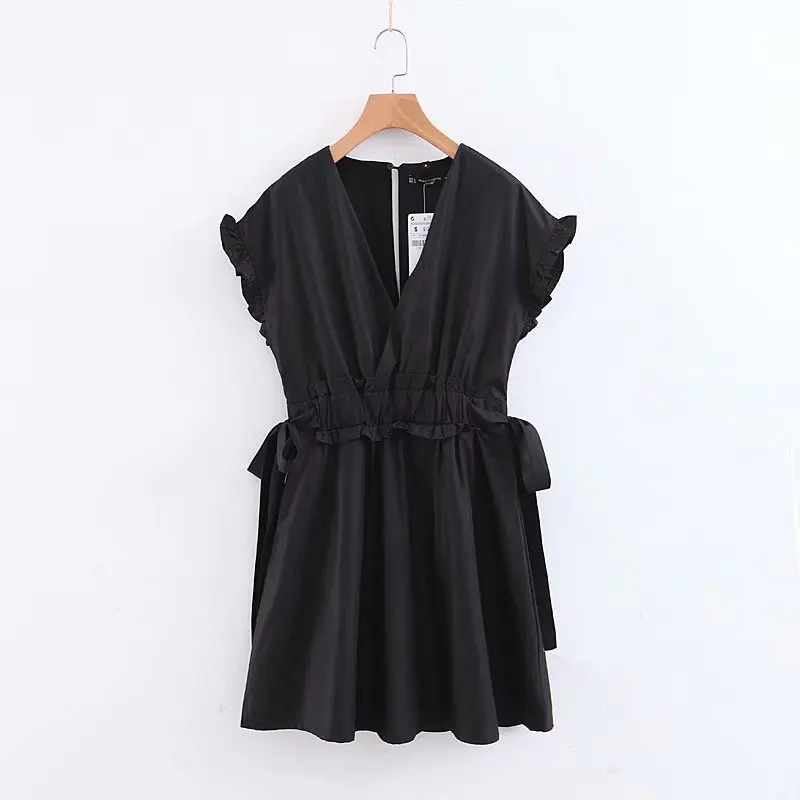 

2019 new women fashion cross v neck bowknot black mini dress female butterfly sleeve ruffles vestidos chic party dresses DS2044