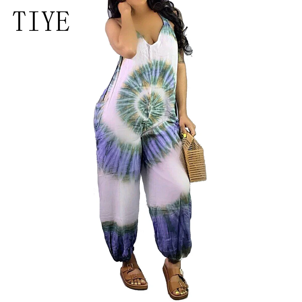 

TIYE Sexy Spaghetti Strap Sleeveles Casual Loose Jumpsuits Vintage Beach Summer Elegant Holiday Print Jumpsuit with Pockets