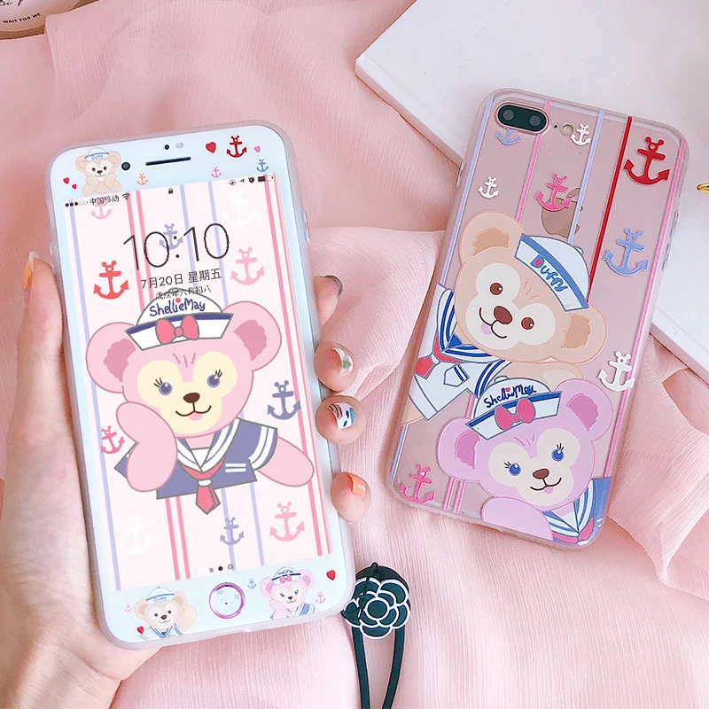 Duffy bear case for iPhone 8 & tempered glass screen protector, cute phone cover for iPhone 7 6 6s plus+front film+strap+sticker